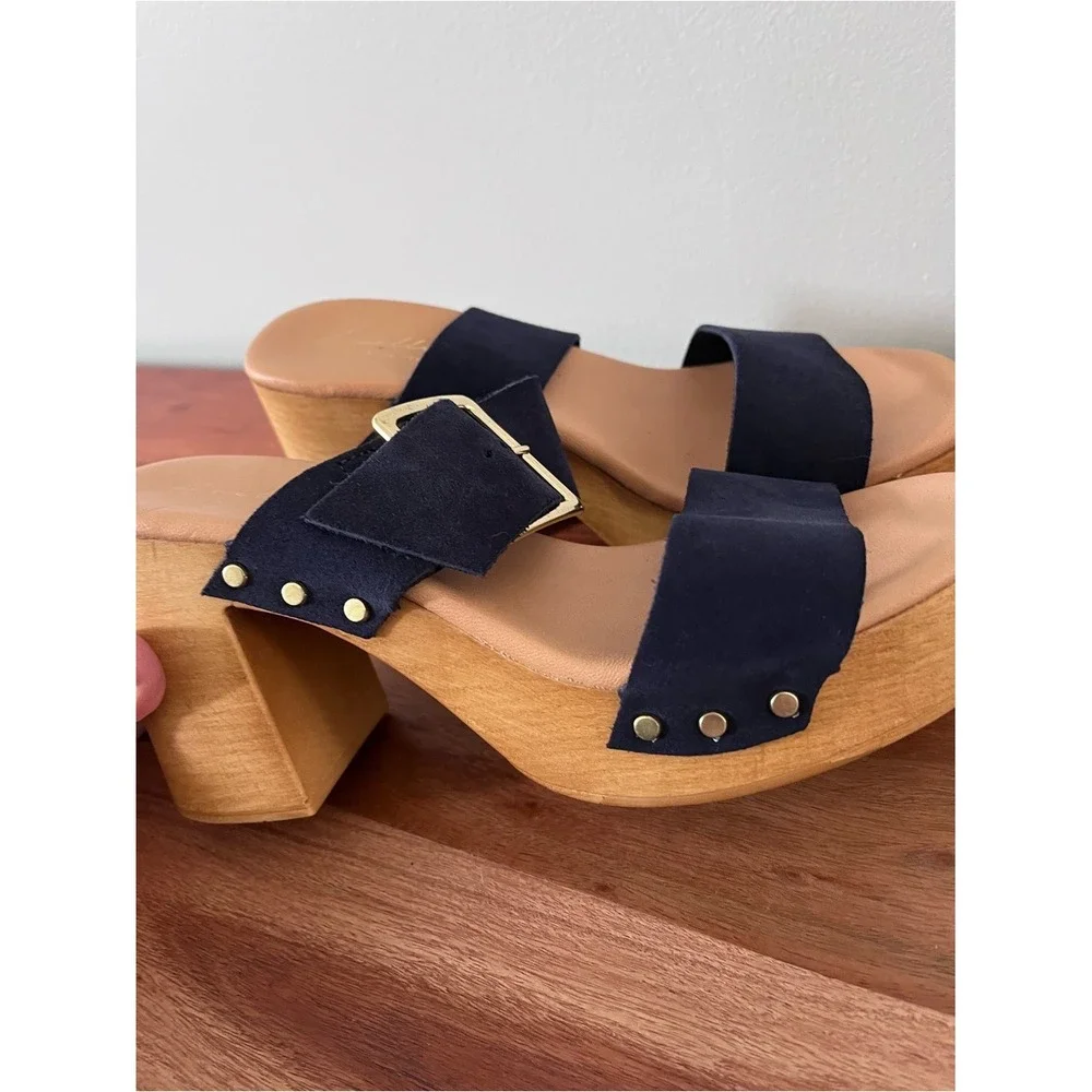 Avellino Italy Navy Blue Suede Wood Platform Block Heel‎ Sandals 39 8 3708